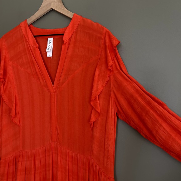Anthropologie Amadi Rossi Dress Size Large Red Orange Ruffles Gauzy Lightweight - Picture 13 of 16
